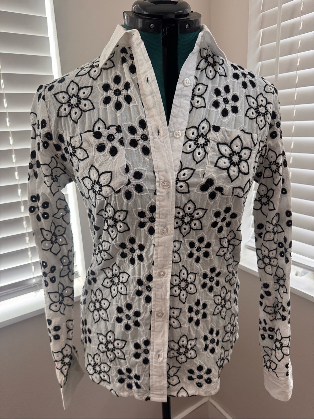 Roper White Blouse with Black Floral Embroidery